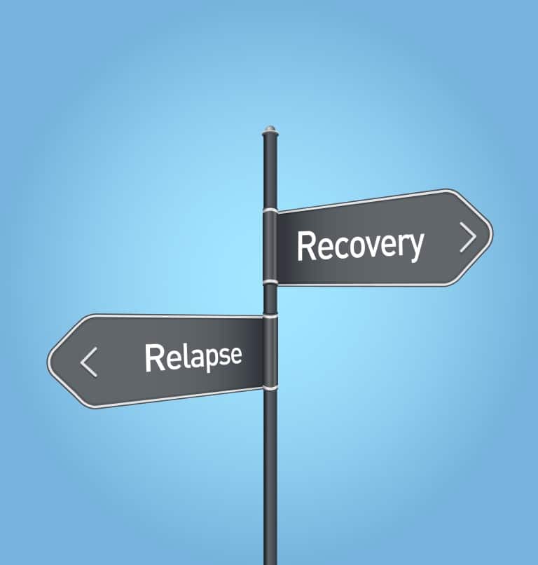 Recovery vs relapse choice concept road sign on blue background
