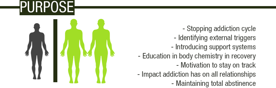 The purpose of IOP is stopping addiction cyclce, identifying external triggers, introducing support systems, provide education in body chemistry in recovery, provide motivation to stay on track, make aware to patients of the impact addiction has on all relationships and maintaining total abstinence