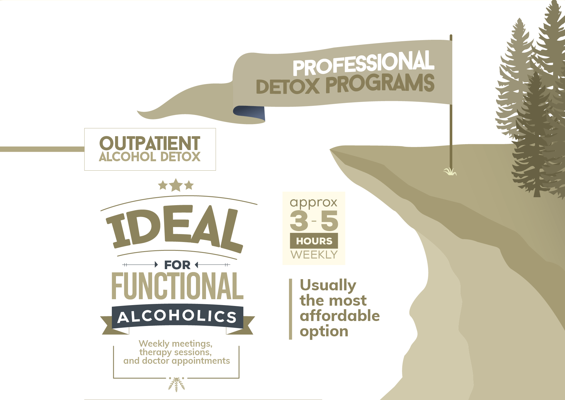 We have the outpatient alcohol detox programs, is ideal for functional alcoholics, in this program you have weekly meetings, therapy sessions, and doctor appointments, it takes approximately 3 to 5 hours weekly and this program is usually the most affordable option