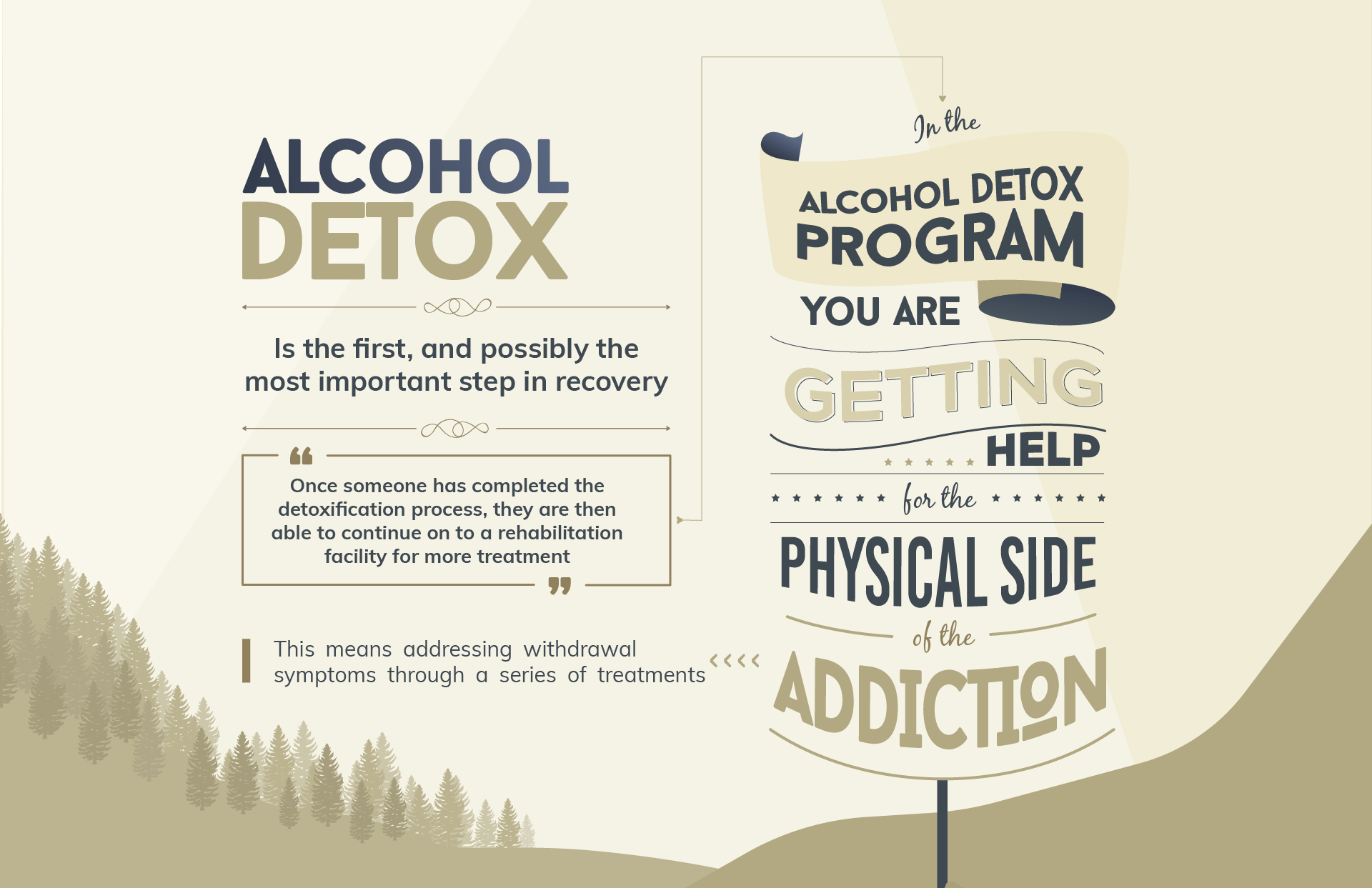 In the alcohol detox program you are getting help for the physical side of the addiction. This means addressing withdrawal symptoms through a series of treatments. Alcohol detox is the first, and possibly the most important step in recovery, once someone has completed the detoxification process, they are then able to continue on to a rehabilitation facility for more treatment