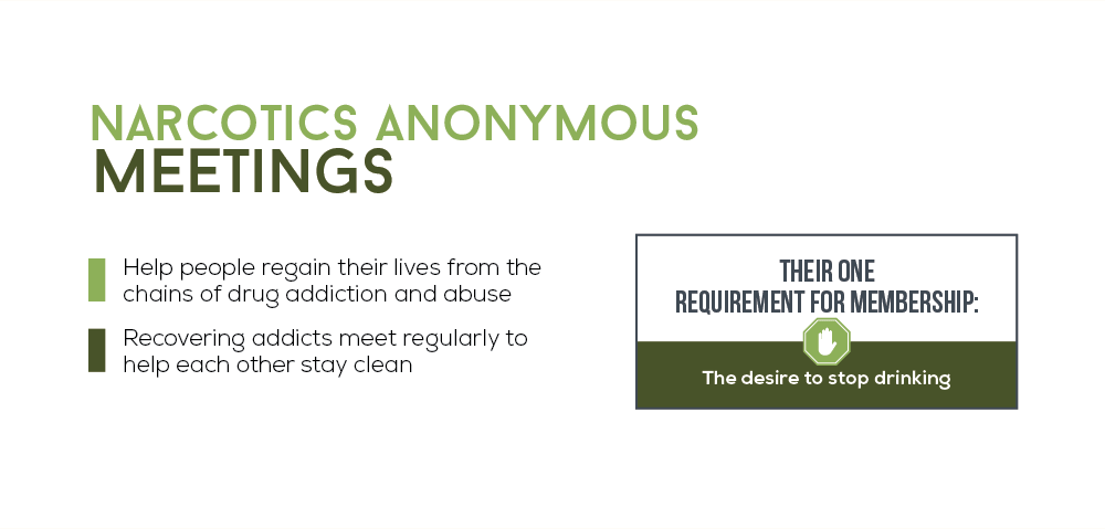 Narcotics anonymous meetings help people regain their lives from the chains of drug addiction and abuse, recovering addicts meet regularly to help each other stay clean, their one requirement for membership is the desire to stop drinking