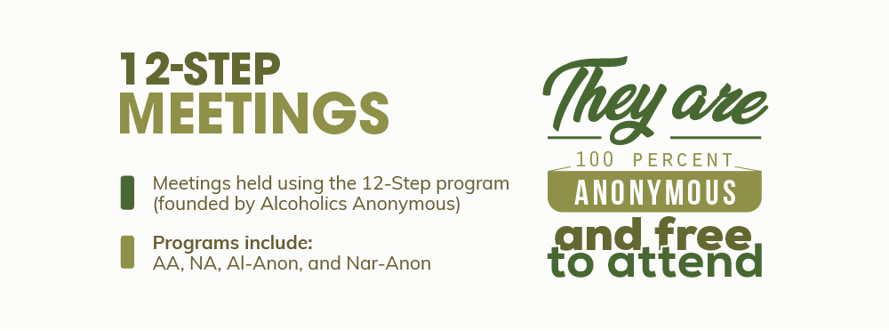 12 step meetings held using the 12 step program founded by alcoholics anonymous, programs include Alcoholics Anonymous, Narcotics Anonymous, Al Anon, and Nar Anon