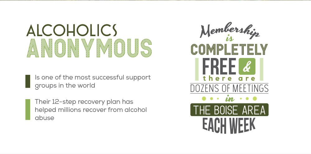 Alcoholics anonymous is one of the most successful support groups in the world, their 12 step recovery plan has helped millions recover from alcohol abuse, membership is completely free and there are dozens of meetings in the boise area each week