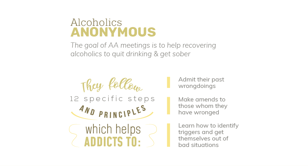 The goal of alcoholics anonymous meetings is to help recovering alcoholics to quit drinking and get sober, alcoholics anonymous follow 12 specific steps and principles which helps addicts to admit their past wrongdoings, make amends to those whom they have wronged and learn how to identify triggers and get themselves out of bad situations