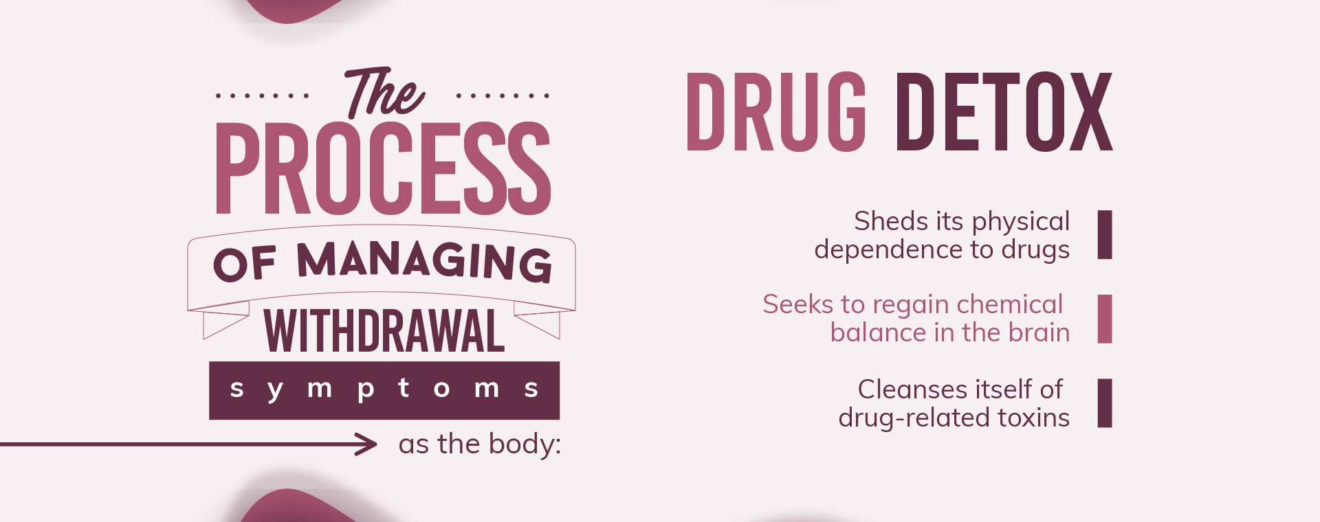 Drug detox sheds its physical dependence to drugs, seeks to regain chemical balance in the brain and cleanses itself of drug-related toxins
