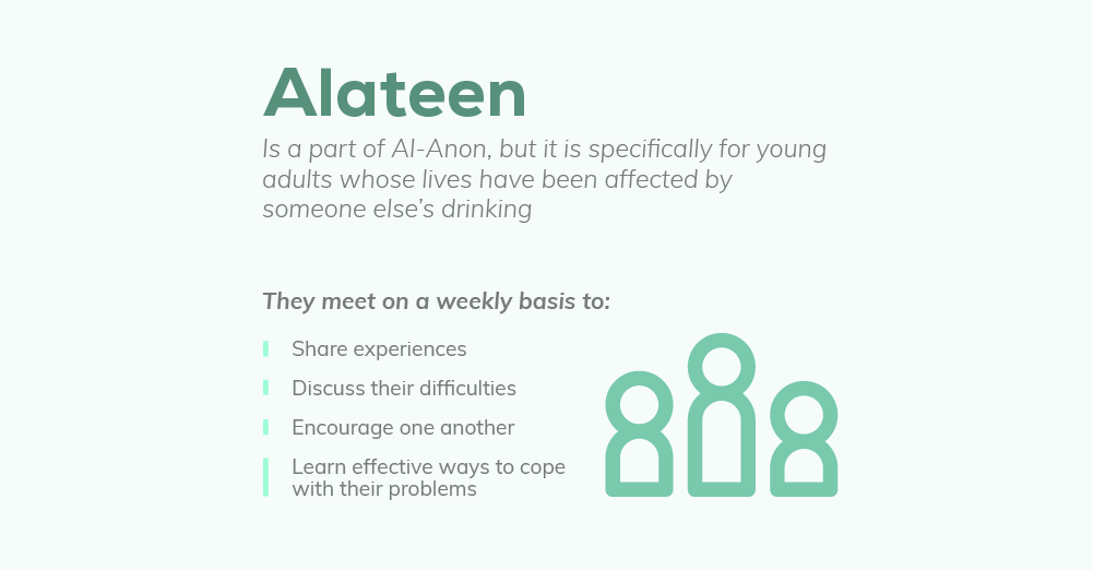 Alateen is part of al anon, but it is specifically for young adults whose lives have been affected by someone else's drinking, they meet on a weekly basis to share experiences, discuss their difficulties, encourage one another, learn effective ways to cope with their problems