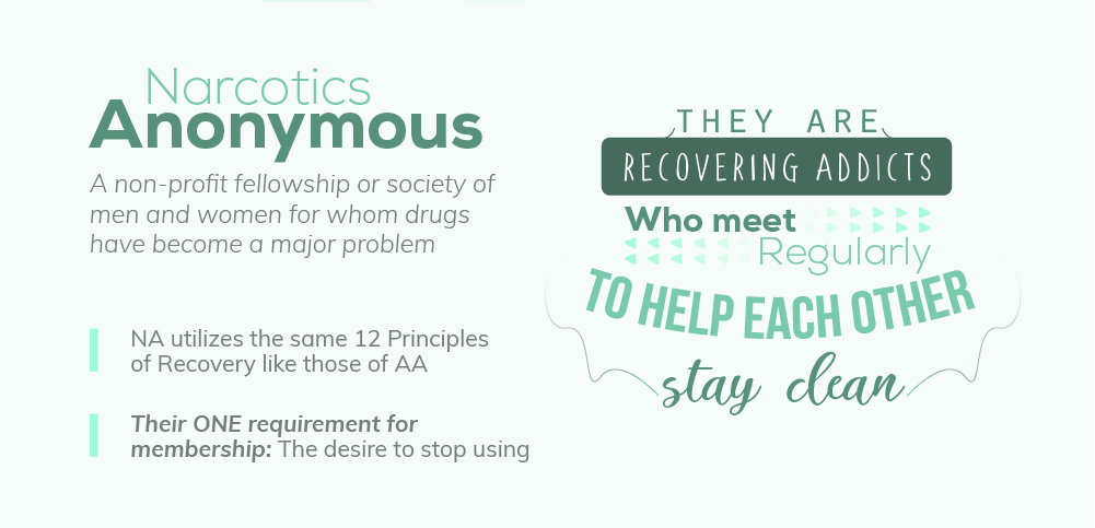 Narcotics anonymous is a non profit fellowship or society of men and women for whom drugs have become a major problem, narcotics anonymous members are recovering addicts who meet regularly to help each other stay clean, narcotics anonymous utilizes the same 12 principles of recovery like those of alcoholics anonymous, the only requirement to be part of narcotics anonymous is to have the desire to stop using