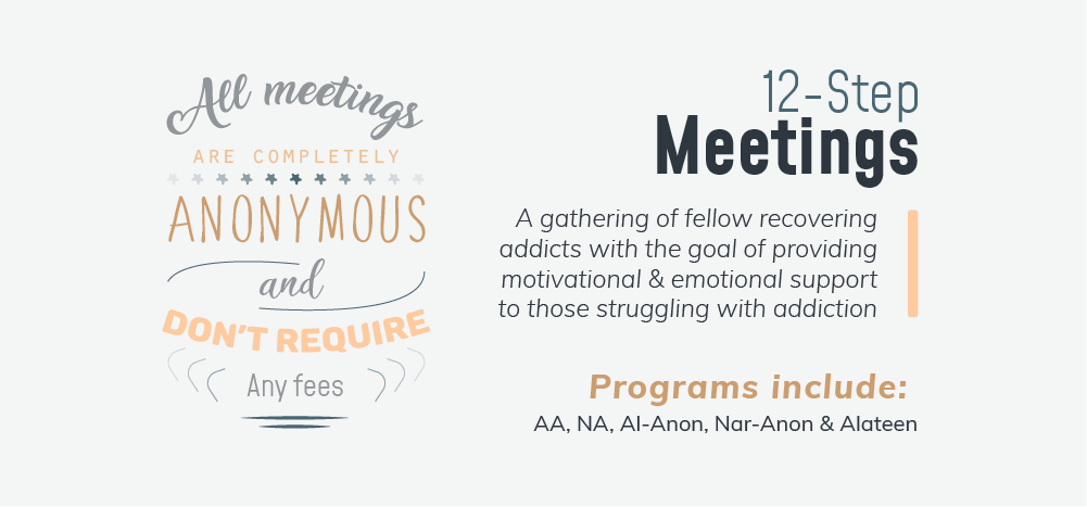 12 step meetins are a gathering of fellow recovering addicts with the goal of providing motivational and emotional support to those struggling with addiction, programs where 12 step meetings are part of are alcoholics anonymous, narcotics anonymous, al anon, nar anon and alateen, all meetings are completely anonymous and do not require any fee