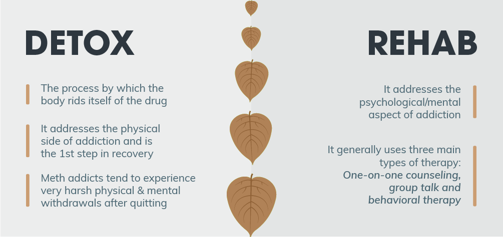 Detox is the process by which the body rids itself of the drug, detox addresses the physical side of addiction and is the first step in recovery, meth addicts tend to experience very harsh physical and mental withdrawals after quitting. Rehab addresses the psychological/mental aspect of addiction, rehab generally uses three main types of therapy one on one counseling, group talk and behavioral therapy