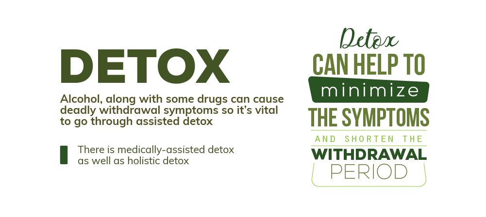 Detox can help to minimize the symptoms and shorten the withdrawal period. alcohol, along with some drugs can cause deadly withdrawal symptoms so it is vital to go through assisted detox, there is medically assisted detox as well as holistic detox