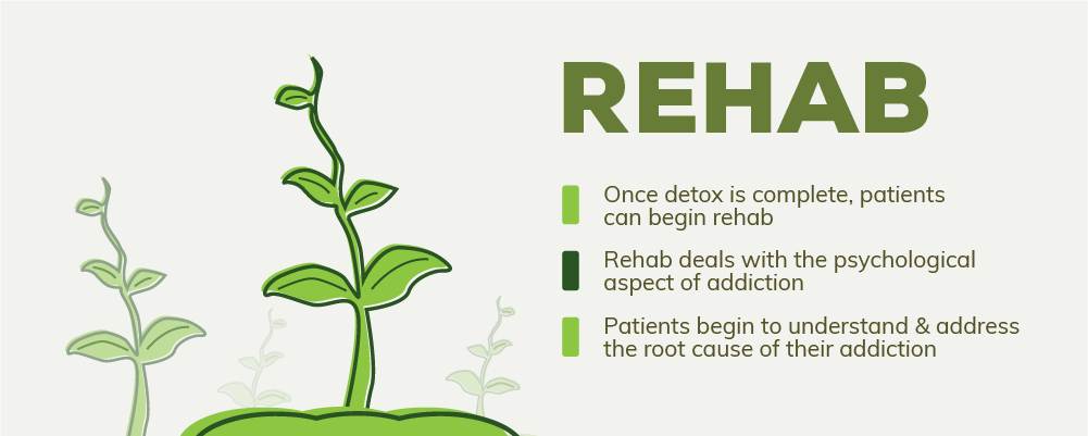 Once detox is complete, patients can begin rehab, rehab deals with the psychological aspect of addiction, on rehab patients begin to understand and address the root cause of their addiction