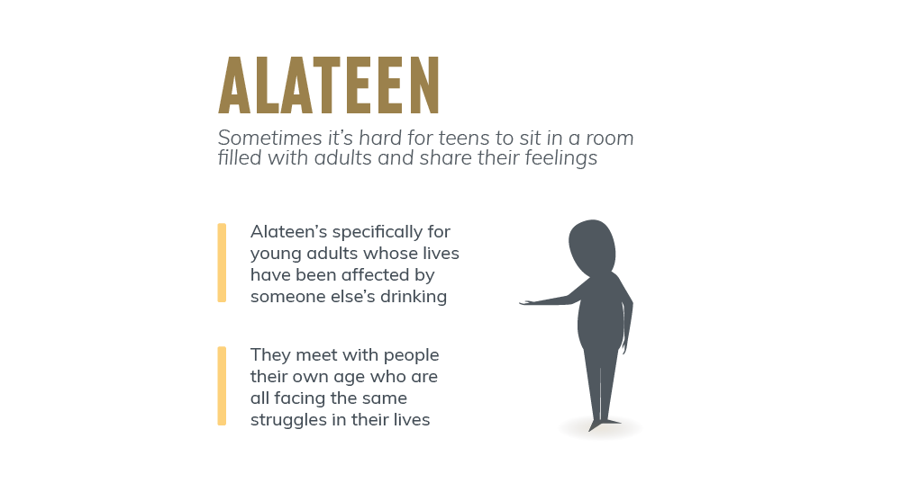 Sometimes it is hard for teens to sit in a room filled with adults and share their feelings, Alateen is specifically for young adults whose lives have been affected by someone else's drinking, they meet with people their own age who are all facing the same struggles in their lives