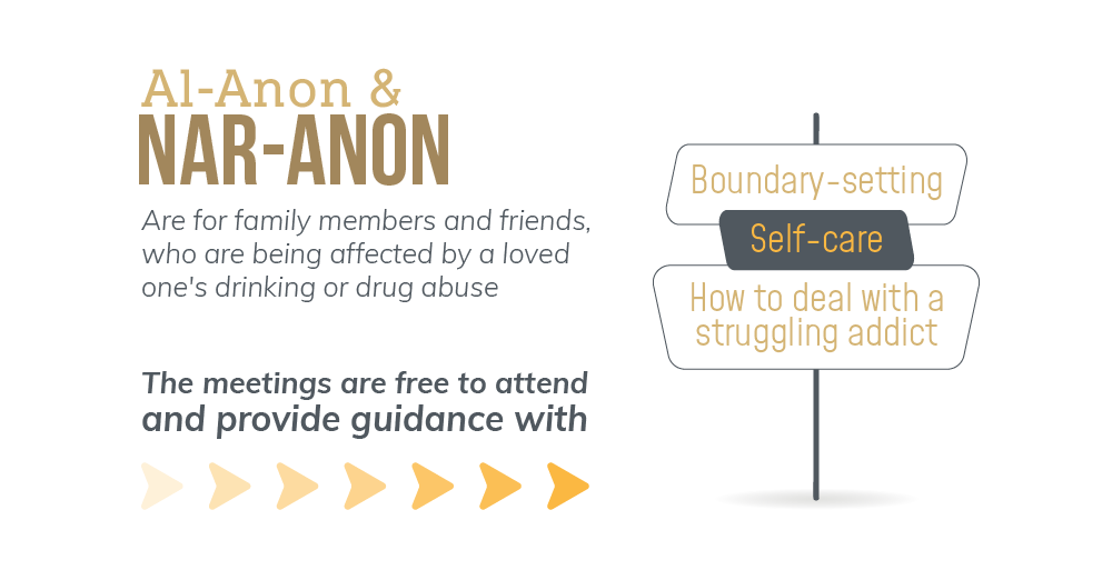 Al anon and nar anon are for family members and friends who are being affected by a loved one's drinking or drug abuse. The meetings are free to attend and provide guidance with boundary setting, self care and how to deal with a struggling addict