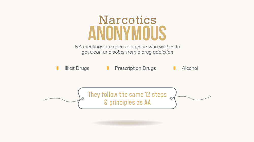 Narcotics anonymous meetings are open to anyone who wishes to get clean and sober from a drug addiction to illicit drugs, prescription drugs and alcohol, narcotics anonymous follow the same 12 steps and principles as alcoholics anonymous