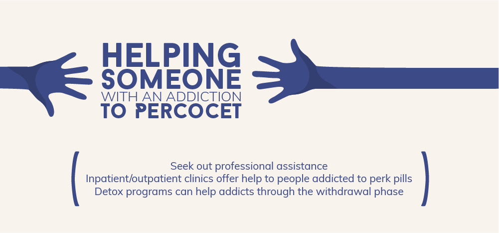 You can help to someone with an addiction to percocet by seeking out professional assistance. Inpatient or outpatient clinics offer help to people addicted to perk pills. Detox programs can help addicts through the withdrawal phase