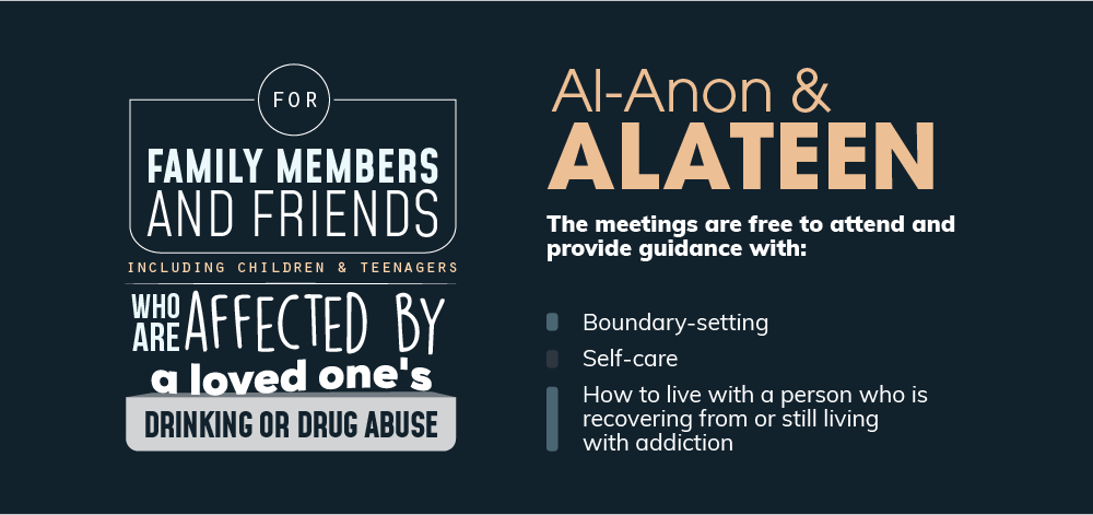 Al anon and alateen is for family members and friends including children and teenagers who are affected by a loved one's drinking or drug abuse. Al anon and alateen meetings are free to attend and provide guidance with boundary setting, self care and how to live with a person who is recovering from or still living with addiction