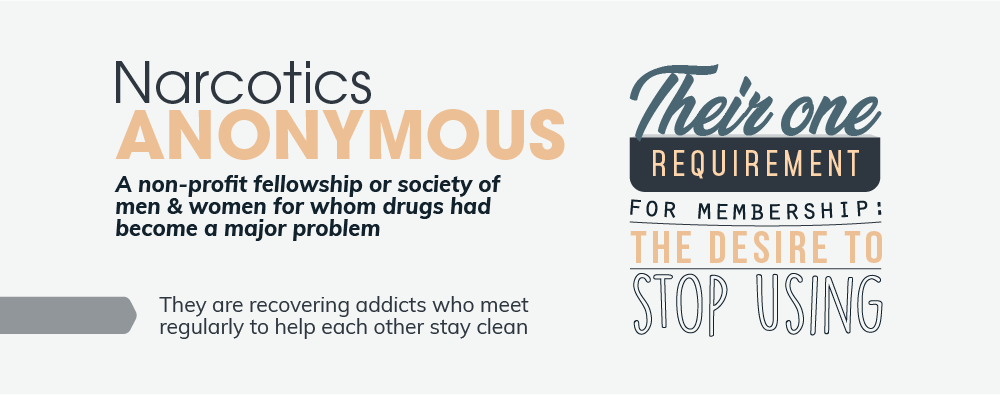 Narcotics anonymous is a non profit fellowship or society of men and women for whom drugs had become a major problem, they are recovering addicts who meet regularly to help each other stay clean, the only requirement to join to narcotics anonymous is to have the desire to stop using